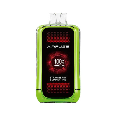Front view of the yellow-green Airfuze Jet 20000 Vape in Strawberry Summertime flavor, highlighting the sleek design and user-friendly interface, including the clear indicator screen for an unparalleled vaping experience that captures the essence of summer.