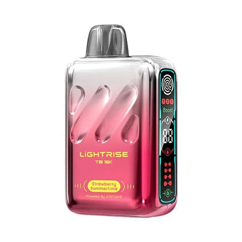 Front view of a Lost Vape Lightrise TB 18K vape device with a soft gradient design transitioning from red to white, showcasing its modern appearance, long screen, and touch button for mode selection, offering a fresh and juicy Strawberry Summertime flavor that embodies the essence of summer.