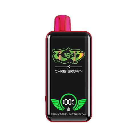 Front view of the amaranth red Chris Brown CB15K Vape in Strawberry Watermelon flavor, showcasing its sleek design, unique display screen, and advanced features for a refreshingly fruity vaping experience.