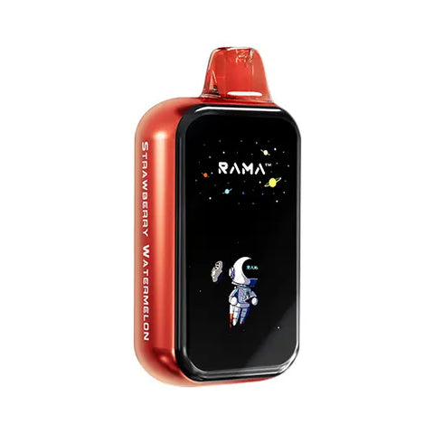 Front view of an English vermillion Rama TL 16000 Vape in Strawberry Watermelon flavor, featuring a modern, sleek design with a wide, transparent screen that clearly displays essential vaping information for seamless performance management and customization.