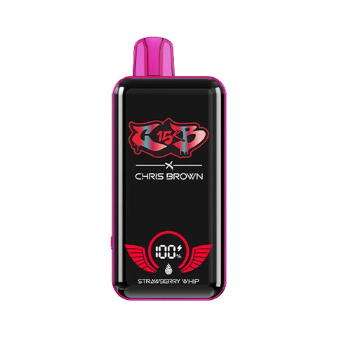 Front view of the magenta Chris Brown CB15K Vape in Strawberry Whip flavor, highlighting its sleek design, unique display screen, and advanced features for a delightfully creamy vaping experience.