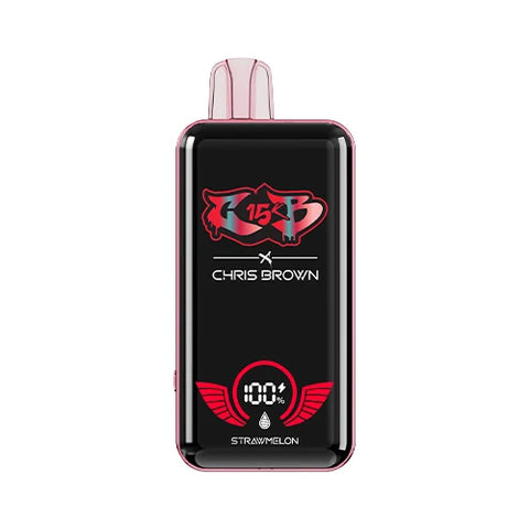 Front view of the cameo pink Chris Brown CB15K Vape in Strawmelon flavor, showcasing its sleek design, unique display screen, and advanced features for a deliciously balanced vaping experience.