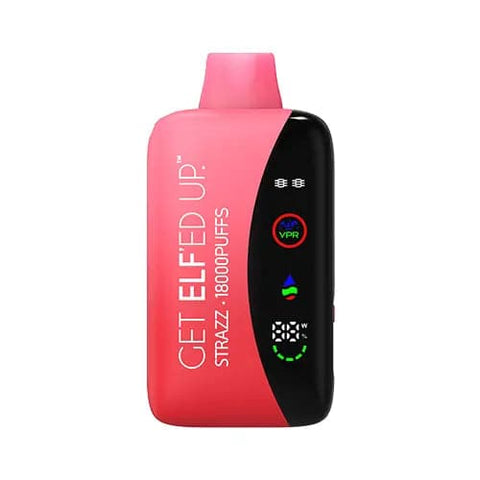 The front view of the innovative VPR GET ELF'ED UP vape is shown with a gradient of bright colors red and light pink, featuring Strazz flavor. With an 800mAh battery, USB-C rapid charging, and LED screen display, this vape delivers convenience and satisfaction.