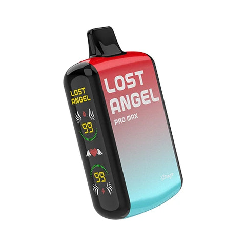 Front view of the Lost Angel Pro Max Vape in a gradient from Crystal to English Vermillion color, showcasing the dual-screen display and sleek design of this disposable vape device filled with the delightful and flavorful Strazz berry medley e-liquid.