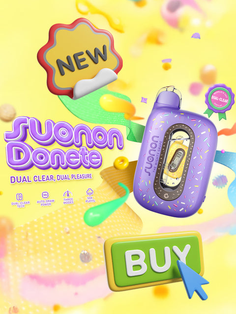 Suonon Donete disposable vape 50K puffs with dual-clear display, purple donut design, and buy button