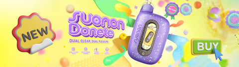 Suonon Donete 50K puffs disposable vape with dual-clear tech, purple sprinkles design and shop now button