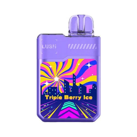Back view of the futuristic purple Digiflavor Geek Bar LUSH 20K disposable vape in Triple Berry Ice flavor, showcasing its cyberpunk-inspired design, large display screen, dual mesh coil technology, and 820mAh rechargeable battery for extended vaping sessions.