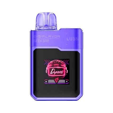 Front view of the futuristic purple Digiflavor Geek Bar LUSH 20K disposable vape in Triple Berry Ice flavor, showcasing its cyberpunk-inspired design, large display screen, dual mesh coil technology, and 820mAh rechargeable battery for extended vaping sessions.