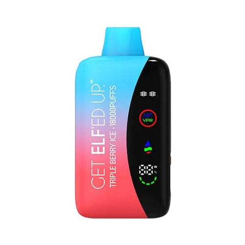 The front view of the innovative VPR GET ELF'ED UP vape is shown with a gradient of bright colors red and light cyan, featuring Triple Berry Ice flavor. With an 800mAh battery, USB-C rapid charging, and LED screen display, this vape delivers convenience and satisfaction.