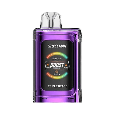 A front view of the metallic purple Triple Grape flavored Spaceman Vape PRISM 20k device with 1000mAh battery, 1.77" color screen, 18ml tank capacity and ergonomic adjustable airflow design.
