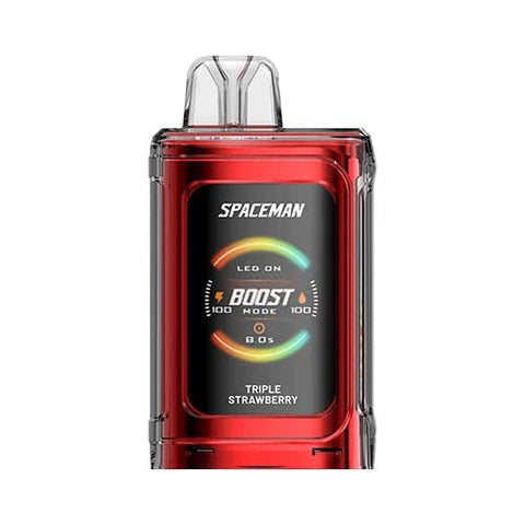 A front view of the metallic red Triple Strawberry flavored Spaceman Vape PRISM 20k device with 1000mAh battery, vibrant 1.77" color screen, 18ml tank capacity and ergonomic adjustable airflow design.