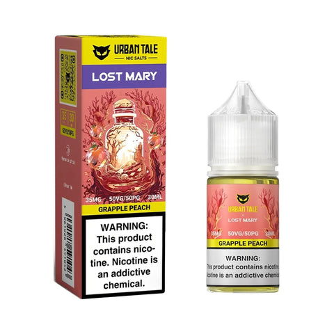 Urban Tale Nicotine Salt Vape Juice 30ml - Lost Mary Collaboration bottle with packaging box Grapple Peach flavor