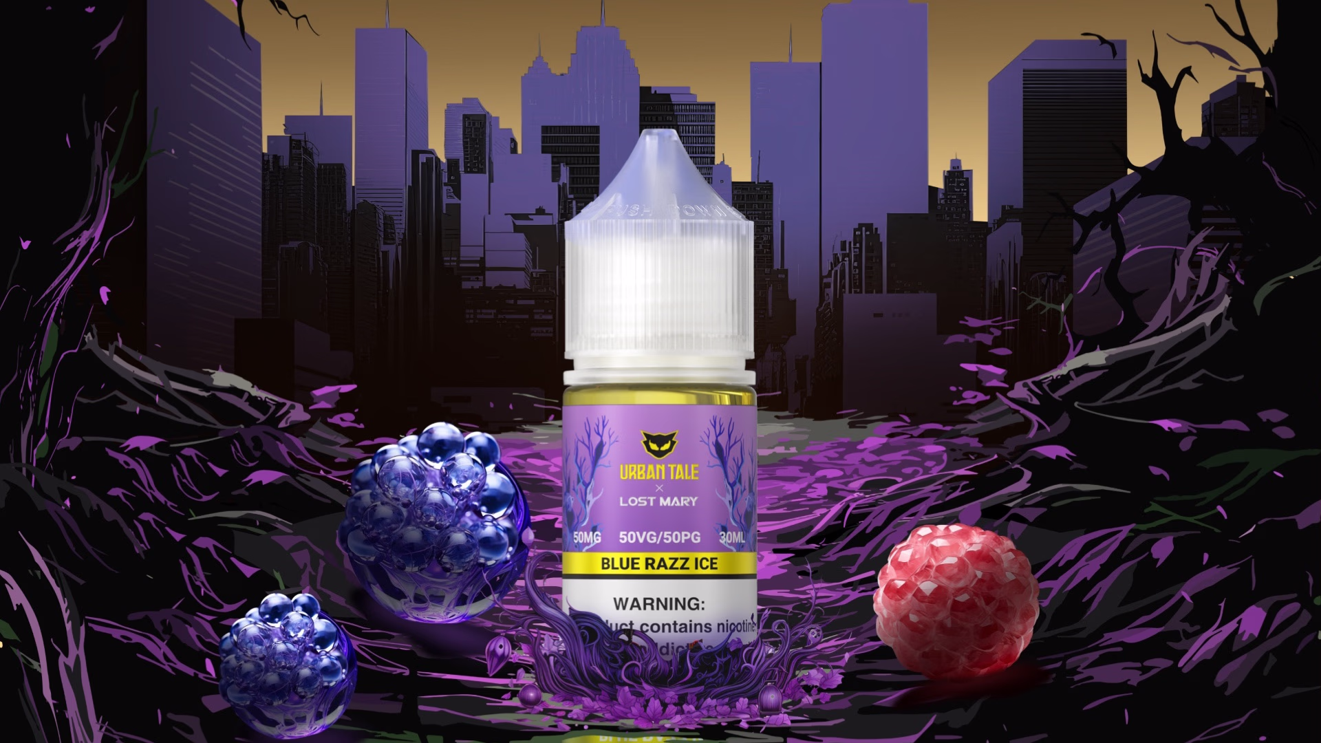 Urban Tale x Lost Mary Nicotine Salt eJuice 30ml in Blue Razz Ice flavor. The image features a 30ml bottle with a vibrant purple label, highlighting the 50VG/50PG blend and 50mg nicotine strength. Surrounding the bottle, glowing blue and red berries emphasize the rich, icy blue raspberry flavor, set against a moody cityscape backdrop with swirling purple tendrils, creating a sense of urban mystique and flavor adventure.