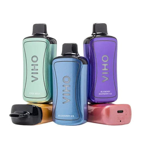 Showcases 5 different views of the VIHO Supercharge 20K disposable vape devices in various enticing flavors. The ergonomic design and stunning color schemes of the devices are prominently displayed, highlighting the 20,000+ puff capacity and 21mL pre-filled e-liquid tank for extended vaping enjoyment.