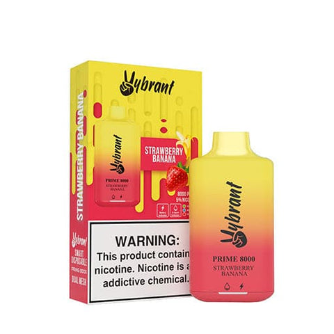 Red and yellow device and packaging of Vybrant Prime 8000 Disposable Vape, Strawberry Banana flavor