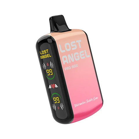 Front view of the Lost Angel Pro Max Vape in a gradient from Baker-Miller Pink to Pastel Pink color, highlighting the dual-screen display and sleek design of this disposable vape device filled with the fun and flavorful Watermelon Bubble Gum e-liquid, perfect for a nostalgic and satisfying vape.