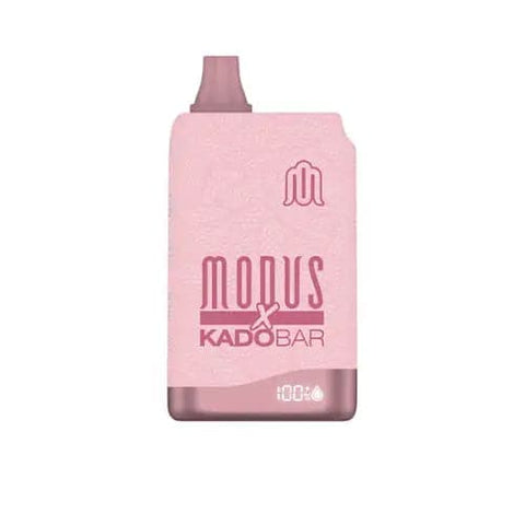 Front view of the pink and red Modus X Kado Bar 10000 disposable vape, showcasing its ergonomic shape, logo, and built-in e-juice and battery life display screen.