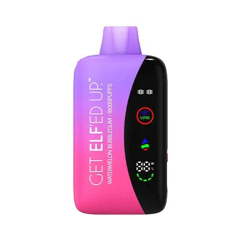  The front view of the innovative VPR GET ELF'ED UP vape is shown with a gradient of bright colors pink and light purple, featuring Watermelon Bubblegum flavor. With an 800mAh battery, USB-C rapid charging, and LED screen display, this vape delivers convenience and satisfaction.