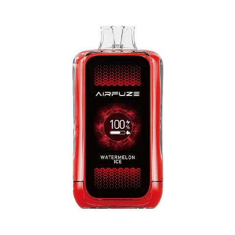 Front view of the maximum red Airfuze Jet 20000 Vape in Watermelon Ice flavor, showcasing the sleek and stylish design along with the advanced features such as the clear indicator screen and humanized air regulating valve for a personalized and refreshing vaping experience.