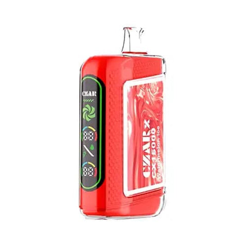 The CZAR CX 15000 Disposable Vape in Watermelon Ice flavor, showcasing a vibrant Sunset Orange design with a dual ultra screen display. This cutting-edge CZARx vape offers up to 15,000 puffs, dual mesh coil technology for enhanced flavor extraction, and adjustable airflow for a personalized vaping experience.