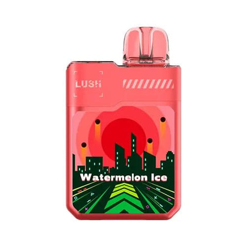 Back view of the red Digiflavor Geek Bar LUSH 20K disposable vape in Watermelon Ice flavor, featuring a futuristic cyberpunk design, dual mesh coils, large screen display, and ergonomic shape for a rich, smooth vaping experience with icy watermelon taste.
