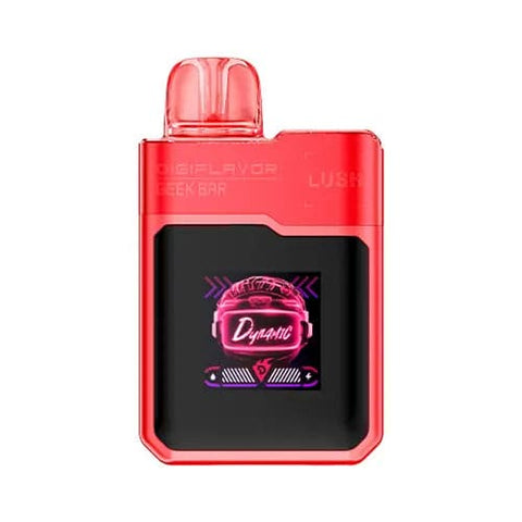 Front view of the red Digiflavor Geek Bar LUSH 20K disposable vape in Watermelon Ice flavor, featuring a futuristic cyberpunk design, dual mesh coils, large screen display, and ergonomic shape for a rich, smooth vaping experience with icy watermelon taste.