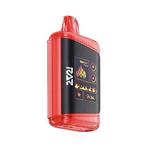 The vibrant tart orange Raz DC25000 Disposable Vape in Watermelon Ice flavor, highlighting the sophisticated genuine leather wrap and state-of-the-art Mega HD Display screen for a cool and refreshing vaping experience.