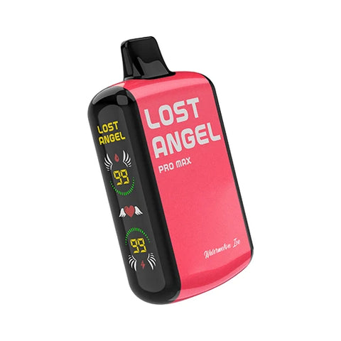 Front view of the Lost Angel Pro Max Vape in Fiery Rose color, showcasing the dual-screen display and sleek design of this disposable vape device filled with the refreshing and invigorating Watermelon Ice flavored e-liquid, perfect for a cool and satisfying watermelon vape.
