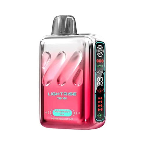 Front view of a Lost Vape Lightrise TB 18K vape device with a soft gradient design transitioning from red to white, showcasing its modern appearance, long screen, and touch button for mode selection, offering a crisp and refreshing Watermelon Ice flavor with a chilling effect.