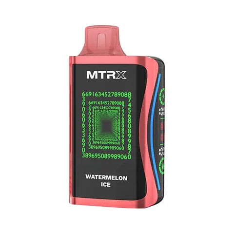 Front view of the vibrant pink MTRX MX 25000 disposable vape device in Watermelon Ice flavor, showcasing a modern, cyberpunk-inspired design with a smart display for a futuristic and high-tech appearance.
