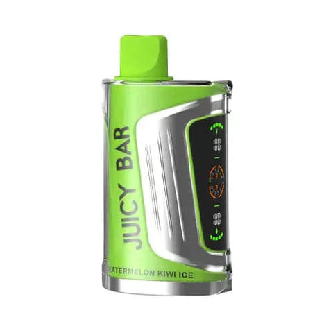 Front view of the kiwi-colored Juicy Bar JB25000 Pro Max disposable vape in Watermelon Kiwi Ice flavor, showcasing its futuristic design with dual LED screens, 900mAh battery for extended vaping sessions, 19mL e-liquid capacity and advanced super dual mesh coil for optimal flavor and vapor production.