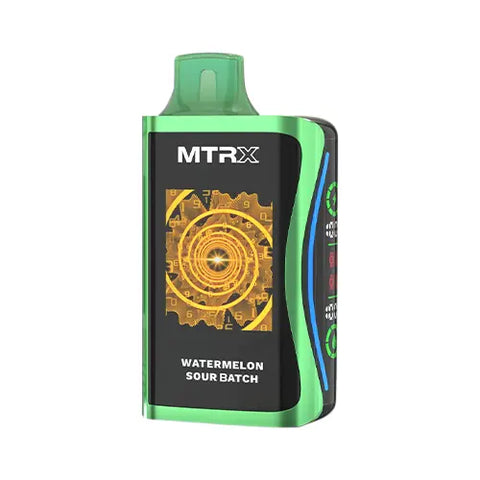 Front view of the vibrant green MTRX MX 25000 disposable vape device in Watermelon Sour Batch flavor, showcasing a modern, cyberpunk-inspired design with a smart display for a futuristic and high-tech appearance.