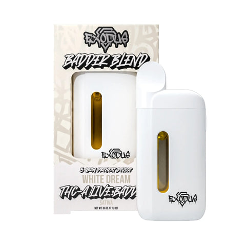 Exodus THC-A Disposable Vape featuring White Dream flavor, creamy vanilla and soft fruit blend.