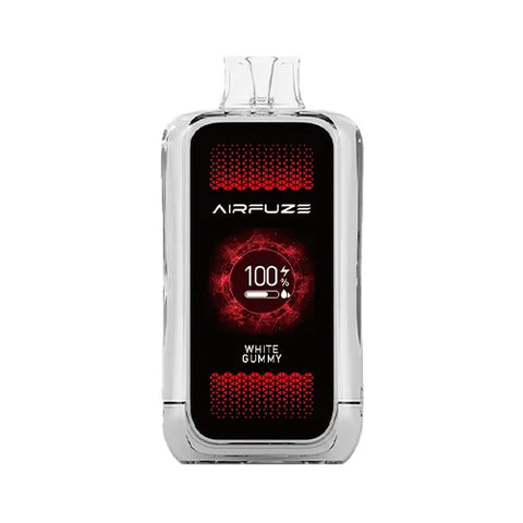 Front view of the light gray Airfuze Jet 20000 Vape in White Gummy flavor, highlighting the sleek design and user-friendly interface, including the clear indicator screen for an unparalleled vaping experience that captures the essence of sweet and chewy candy.