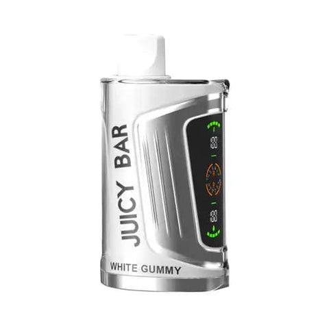 Front view of the mercury-colored Juicy Bar JB25000 Pro Max disposable vape in White Gummy flavor, showcasing its futuristic design with dual LED screens, 900mAh battery for extended vaping sessions, 19mL e-liquid capacity and advanced super dual mesh coil for optimal flavor and vapor production.