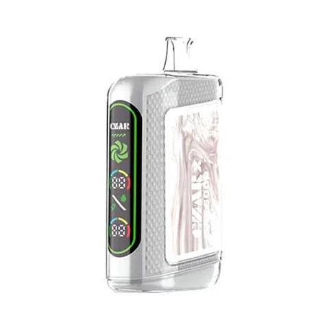 The CZAR CX 15000 Disposable Vape in White Ice flavor, showcasing a sleek Quill Grey design with a dual ultra screen display. This innovative CZARx vape offers up to 15,000 puffs, dual mesh coil technology for enhanced flavor extraction
