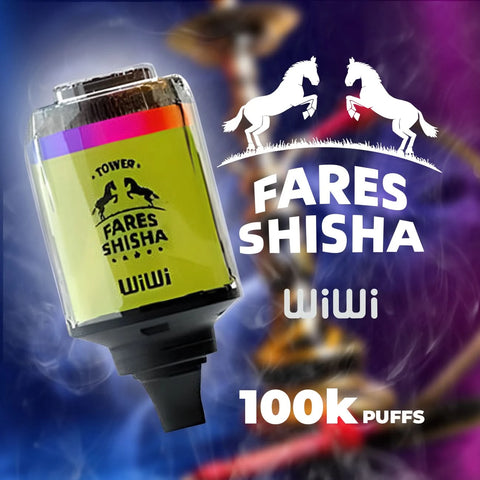 Wiwi Fares Shisha 100K Disposable Vape – 100,000+ puffs, rechargeable 2200mAh battery, 45ml e-liquid capacity, USB Type-C charging, and hookah compatibility. Featuring vibrant design with dual horse logo and 'Fares Shisha' branding. Background with smoke effect and hookah silhouette.