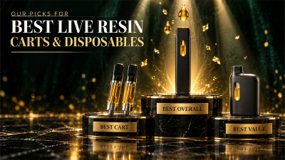 Best live resin carts and disposables: three vapes with amber oil on a marble awards podium for overall, cart and value