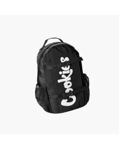 Cookies Non-Standard ripstop smell proof backpack in black with vertical logo and skate straps