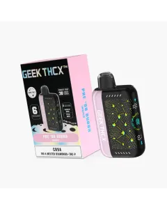 Geek THCX 6 gram disposable vape with Pre '98 Bubba indica strain, featuring world's first 3D curved screen, CB9A, THC-A melted diamonds and THC-P blend, dual mode regular and pulse