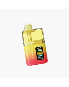 iJoy XP 50K disposable vape in Juicy Peach flavor with transparent e-liquid tank, LED display screen, dual mesh coil system, and gradient color design
