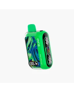 OVNS Dream 25K disposable vape Sour Apple Pop flavor with dual screen display, adjustable airflow, 25,000 puffs, dual mesh coil rechargeable device.