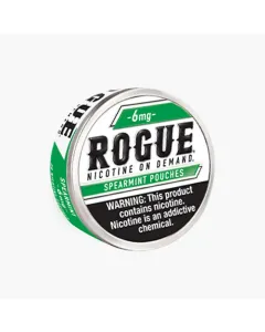 Rogue Nicotine Pouches can front view showing tobacco-free slim pouches in 3mg and 6mg strengths