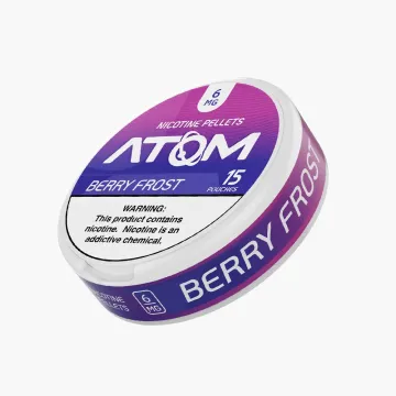 Atom Nicotine Pouches can front view showing tobacco-free pellet technology label