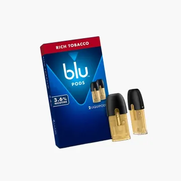 blu Pods Rich Tobacco 3.6% nicotine 2-pack liquidpods with blue retail box and gold pods