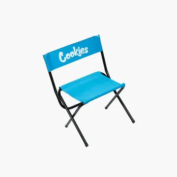Cookies blue folding chair with white logo and black steel frame