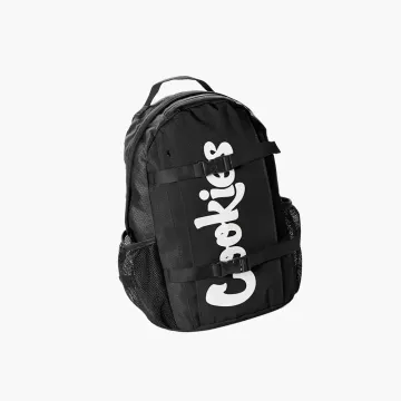Cookies Non-Standard ripstop smell proof backpack in black with vertical logo and skate straps
