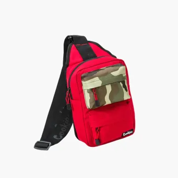 Cookies Rack Pack smell proof over-the-shoulder sling bag, red with camo pocket