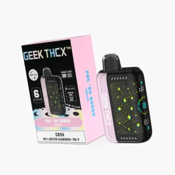 Geek THCX 6 gram disposable vape with Pre '98 Bubba indica strain, featuring world's first 3D curved screen, CB9A, THC-A melted diamonds and THC-P blend, dual mode regular and pulse