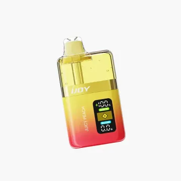 iJoy XP 50K disposable vape in Juicy Peach flavor with transparent e-liquid tank, LED display screen, dual mesh coil system, and gradient color design